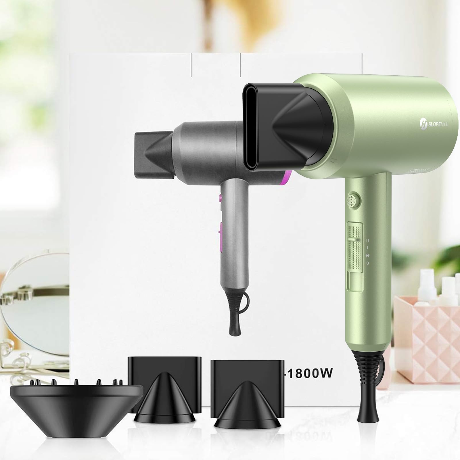 slopehill Professional Ionic Hair Dryer, Powerful 1800W Fast Drying Low Noise Blow Dryer with 2 Concentrator Nozzle 1 Diffuser Attachments for Home Salon Travel