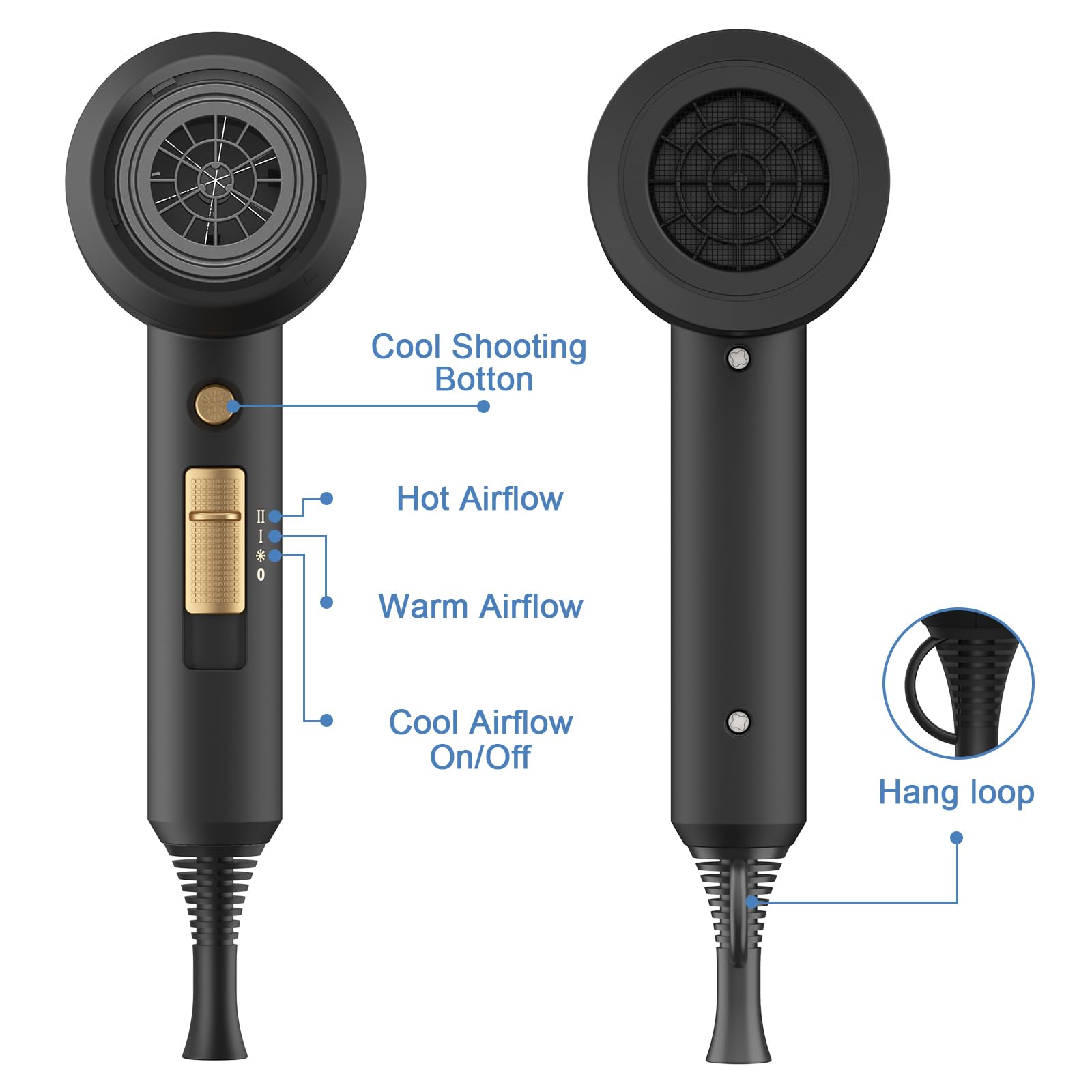 slopehill Professional Ionic Hair Dryer, Powerful 1800W Fast Drying Low Noise Blow Dryer with 2 Concentrator Nozzle 1 Diffuser Attachments for Home Salon Travel