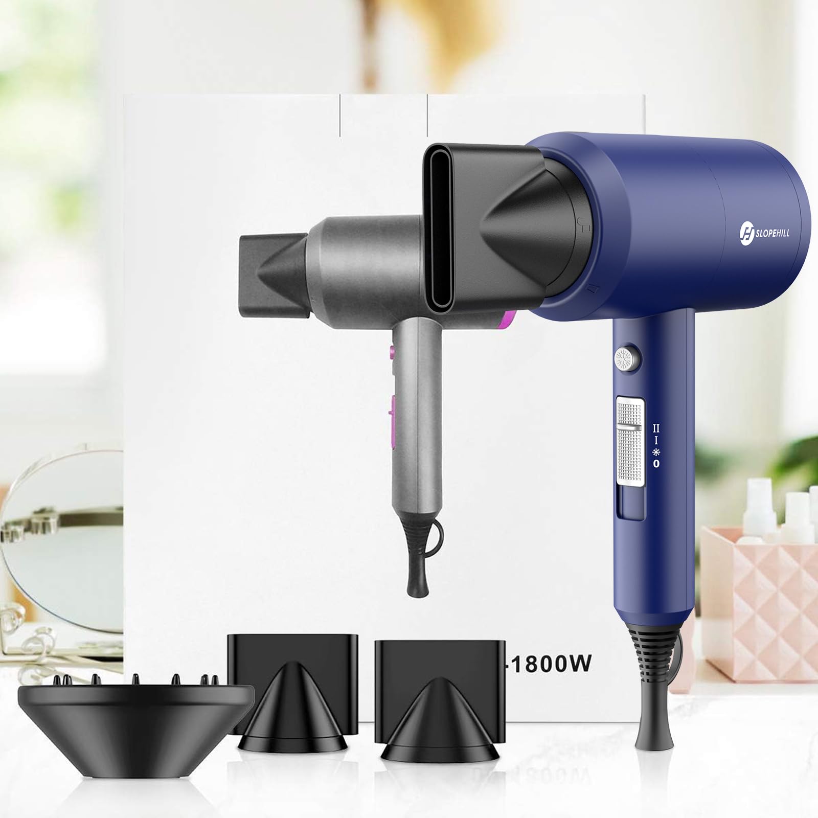 slopehill Professional Ionic Hair Dryer, Powerful 1800W Fast Drying Low Noise Blow Dryer with 2 Concentrator Nozzle 1 Diffuser Attachments for Home Salon Travel