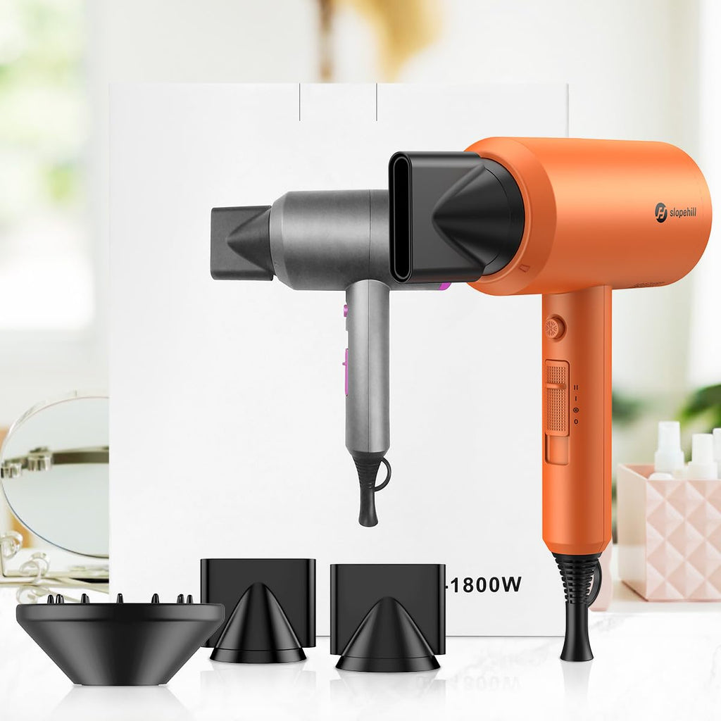 slopehill Professional Ionic Hair Dryer, Powerful 1800W Fast Drying Low Noise Blow Dryer with 2 Concentrator Nozzle 1 Diffuser Attachments for Home Salon Travel