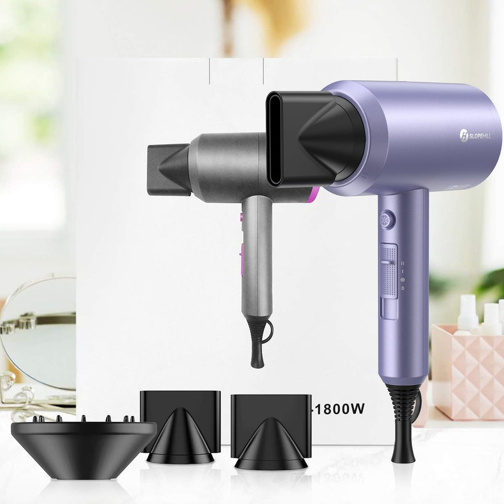 slopehill Professional Ionic Hair Dryer, Powerful 1800W Fast Drying Low Noise Blow Dryer with 2 Concentrator Nozzle 1 Diffuser Attachments for Home Salon Travel
