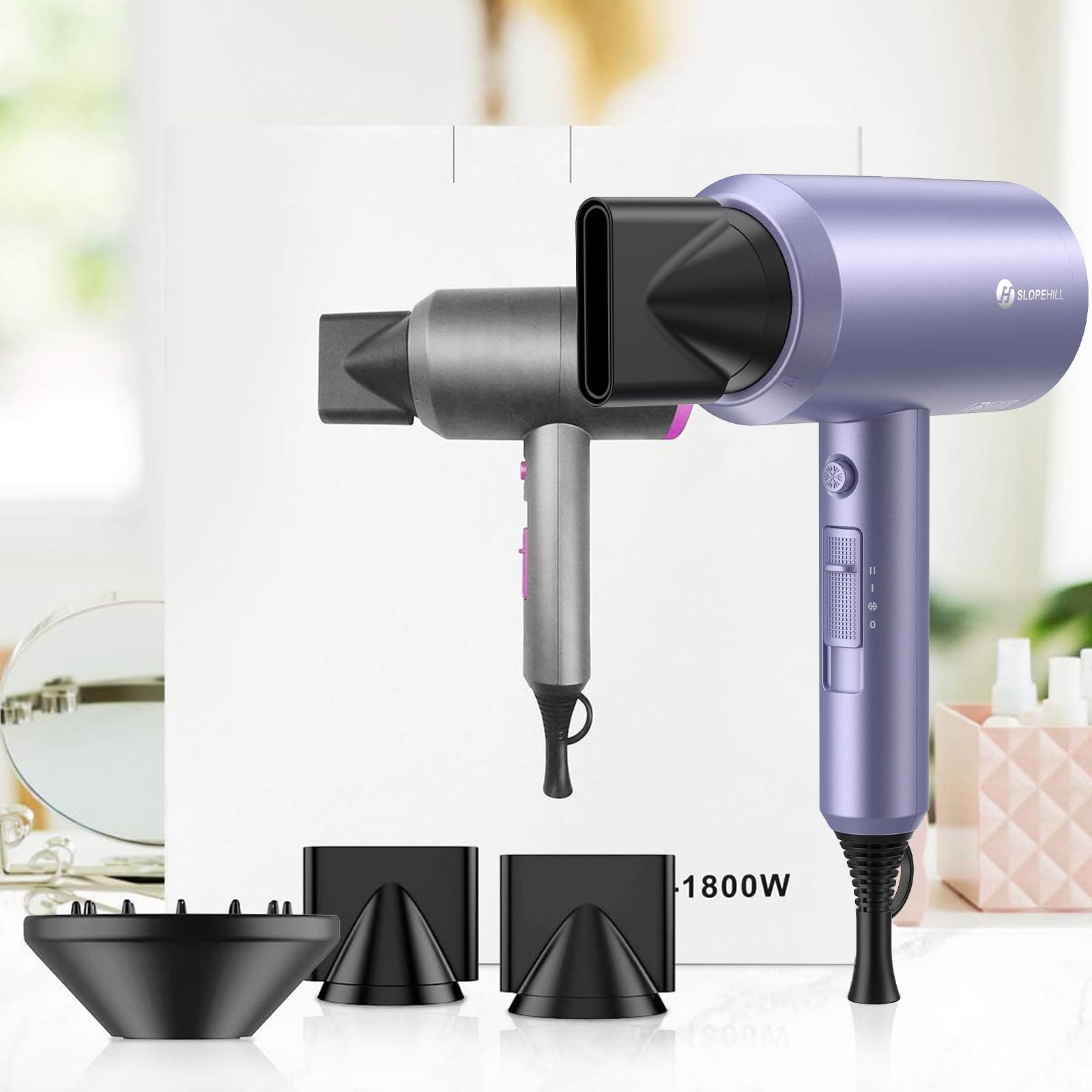 slopehill Professional Ionic Hair Dryer, Powerful 1800W Fast Drying Low Noise Blow Dryer with 2 Concentrator Nozzle 1 Diffuser Attachments for Home Salon Travel
