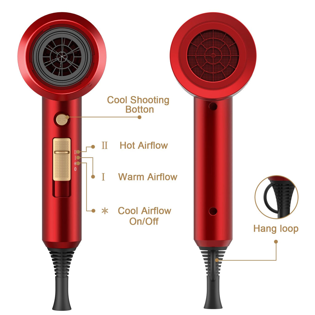 slopehill Professional Ionic Hair Dryer, Powerful 1800W Fast Drying Low Noise Blow Dryer with 2 Concentrator Nozzle 1 Diffuser Attachments for Home Salon Travel