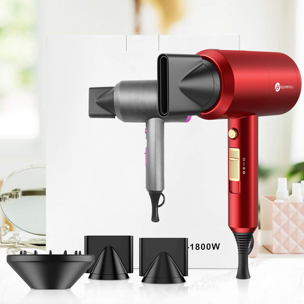 slopehill Professional Ionic Hair Dryer, Powerful 1800W Fast Drying Low Noise Blow Dryer with 2 Concentrator Nozzle 1 Diffuser Attachments for Home Salon Travel