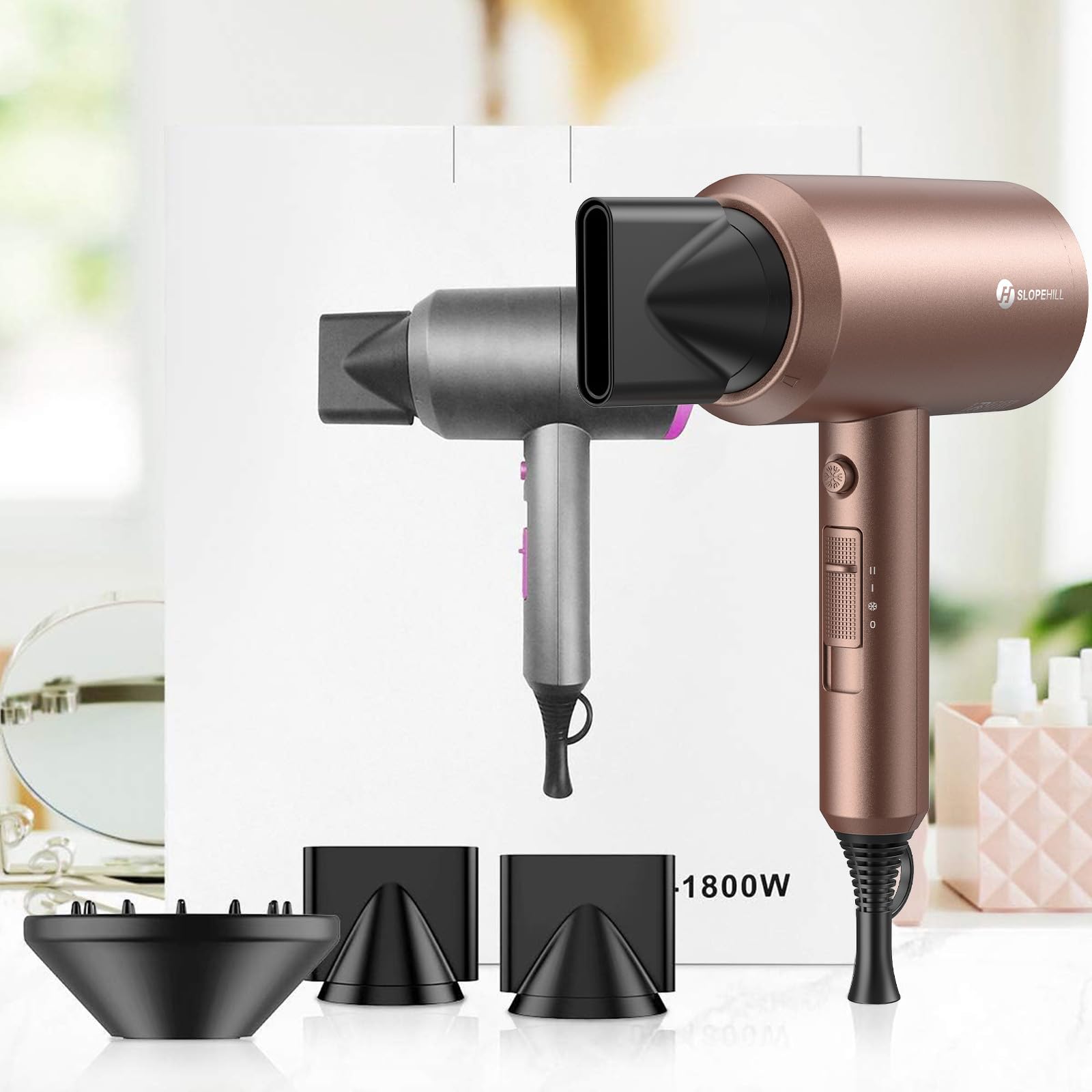 slopehill Professional Ionic Hair Dryer, Powerful 1800W Fast Drying Low Noise Blow Dryer with 2 Concentrator Nozzle 1 Diffuser Attachments for Home Salon Travel