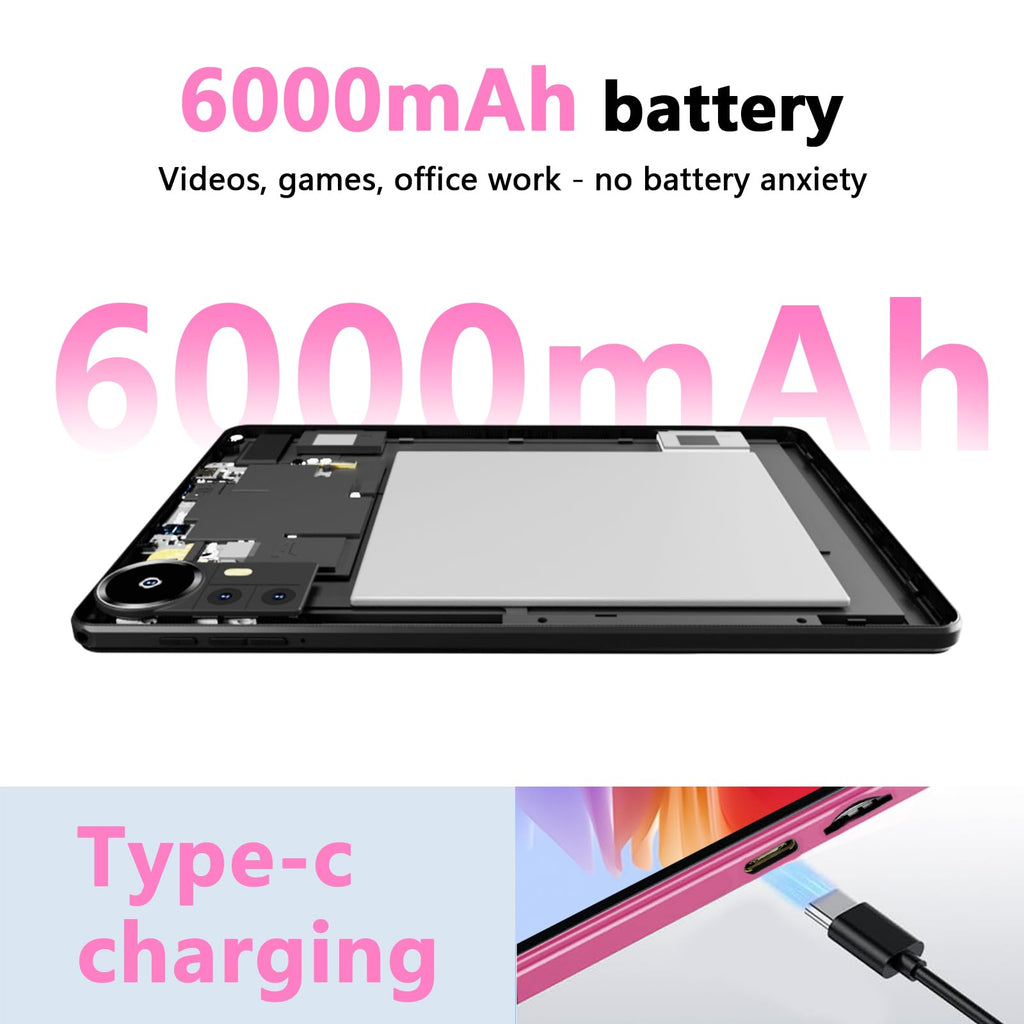 Android 15 Tablet 10 inch Tablets, 20GB RAM 128GB ROM 2TB Expandable, 2.0GHz Quad-core Processor, 2 in 1 Tablet with Keyboard Case Stylus Mouse, 5G WiFi6, BT 5.0, 6000mAh, Widevine L1, GMS, Pink