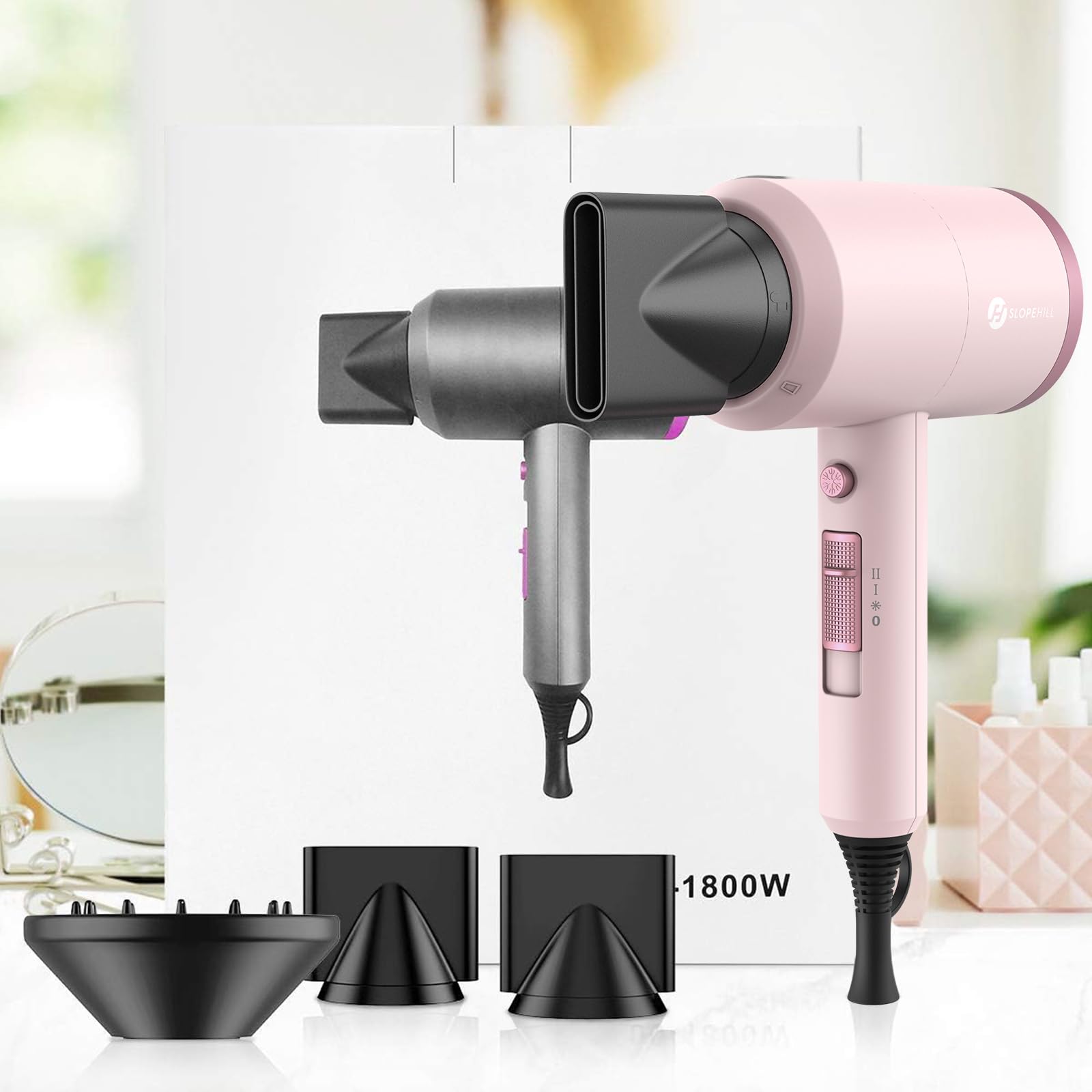 slopehill Professional Ionic Hair Dryer, Powerful 1800W Fast Drying Low Noise Blow Dryer with 2 Concentrator Nozzle 1 Diffuser Attachments for Home Salon Travel