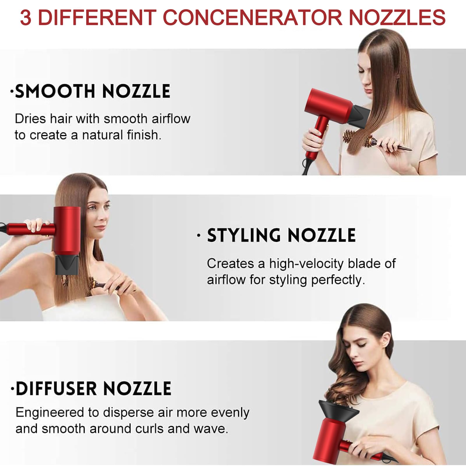 slopehill Professional Ionic Hair Dryer, Powerful 1800W Fast Drying Low Noise Blow Dryer with 2 Concentrator Nozzle 1 Diffuser Attachments for Home Salon Travel
