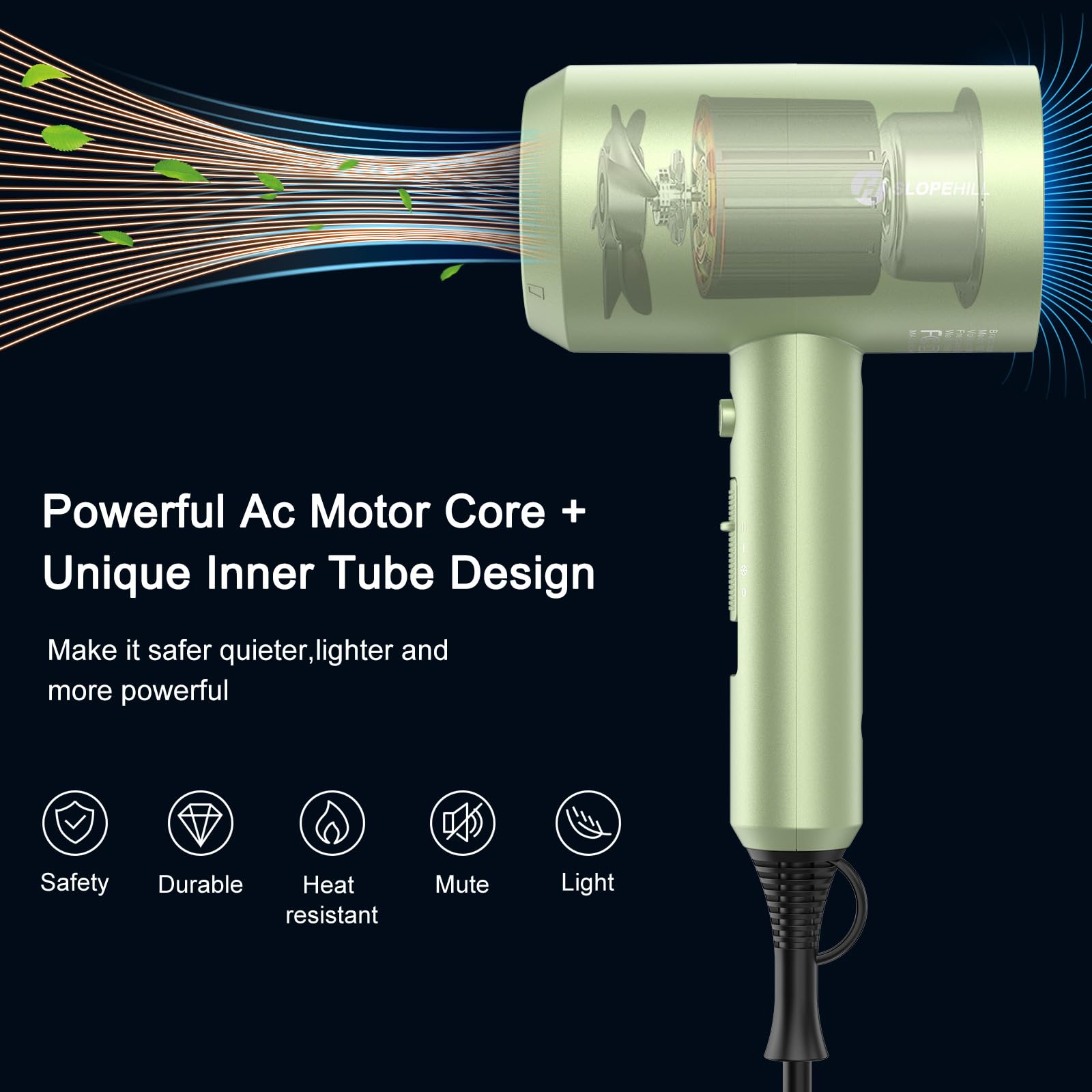 slopehill Professional Ionic Hair Dryer, Powerful 1800W Fast Drying Low Noise Blow Dryer with 2 Concentrator Nozzle 1 Diffuser Attachments for Home Salon Travel