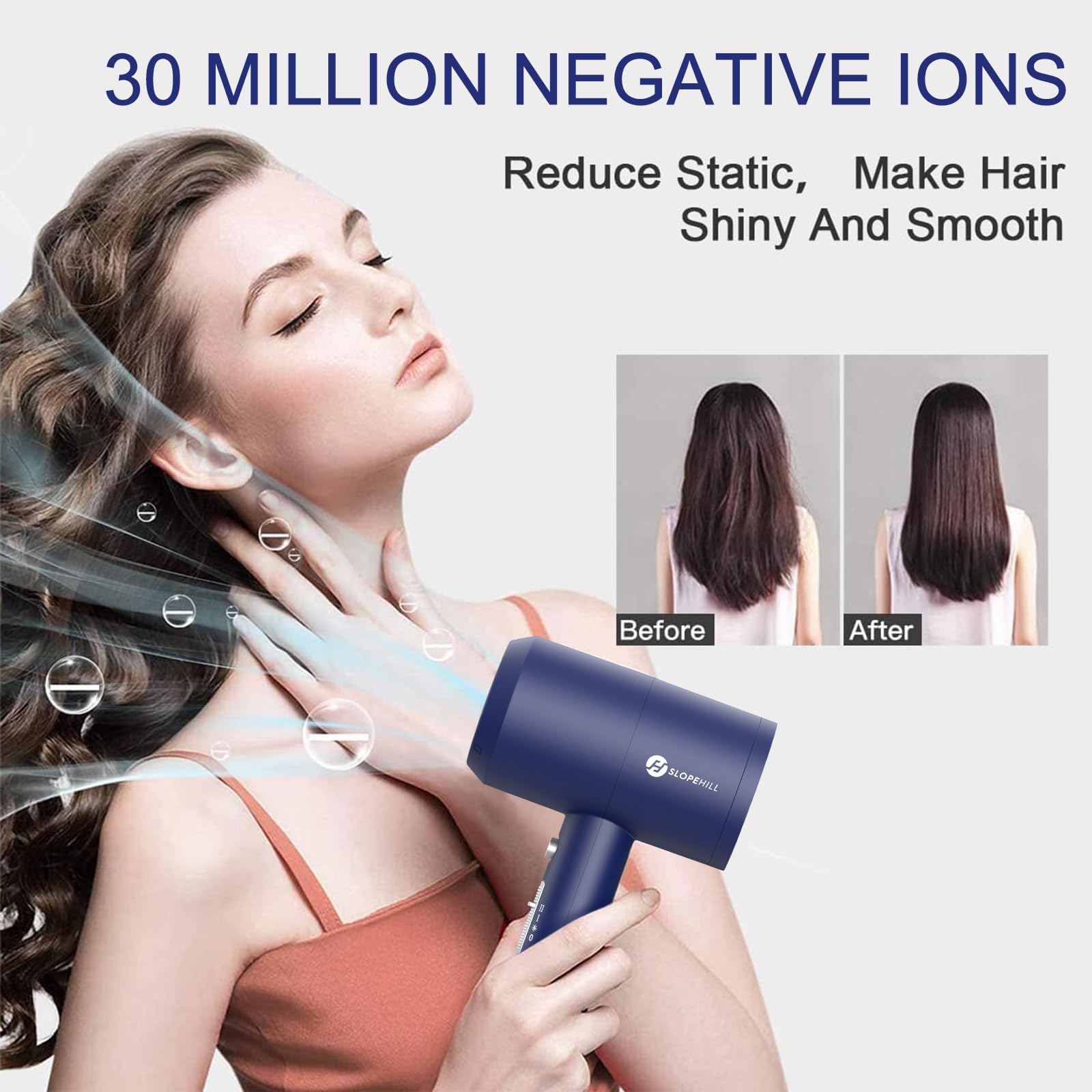 slopehill Professional Ionic Hair Dryer, Powerful 1800W Fast Drying Low Noise Blow Dryer with 2 Concentrator Nozzle 1 Diffuser Attachments for Home Salon Travel