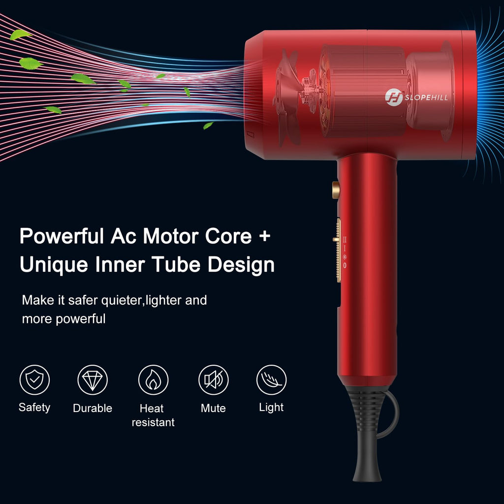slopehill Professional Ionic Hair Dryer, Powerful 1800W Fast Drying Low Noise Blow Dryer with 2 Concentrator Nozzle 1 Diffuser Attachments for Home Salon Travel