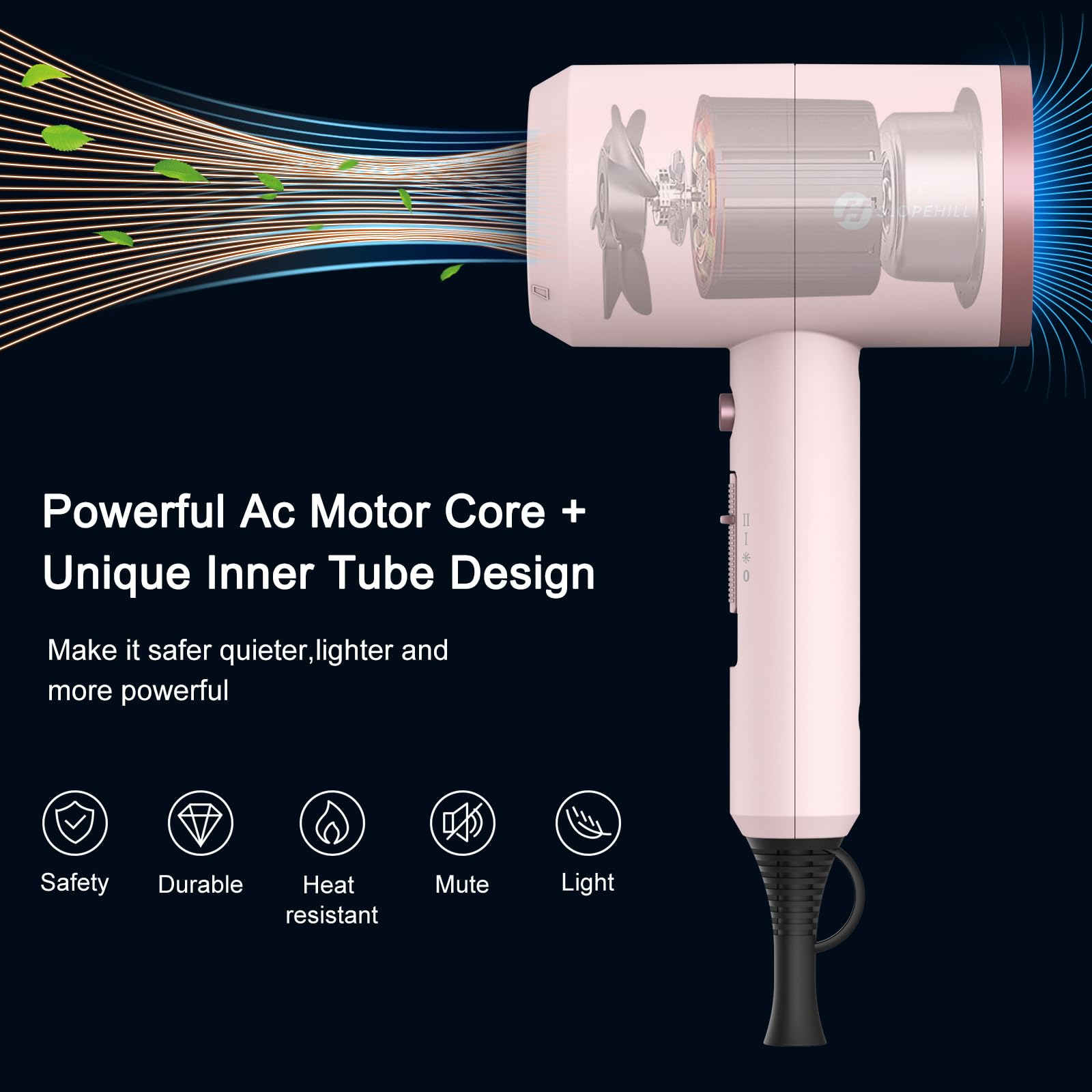 slopehill Professional Ionic Hair Dryer, Powerful 1800W Fast Drying Low Noise Blow Dryer with 2 Concentrator Nozzle 1 Diffuser Attachments for Home Salon Travel