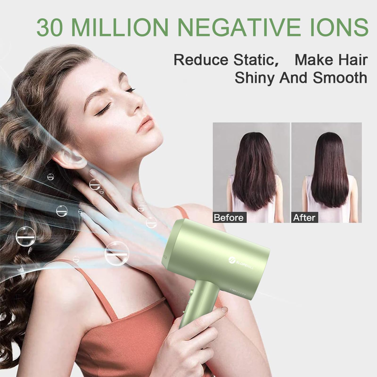 slopehill Professional Ionic Hair Dryer, Powerful 1800W Fast Drying Low Noise Blow Dryer with 2 Concentrator Nozzle 1 Diffuser Attachments for Home Salon Travel