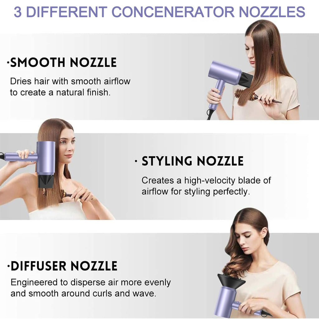 slopehill Professional Ionic Hair Dryer, Powerful 1800W Fast Drying Low Noise Blow Dryer with 2 Concentrator Nozzle 1 Diffuser Attachments for Home Salon Travel