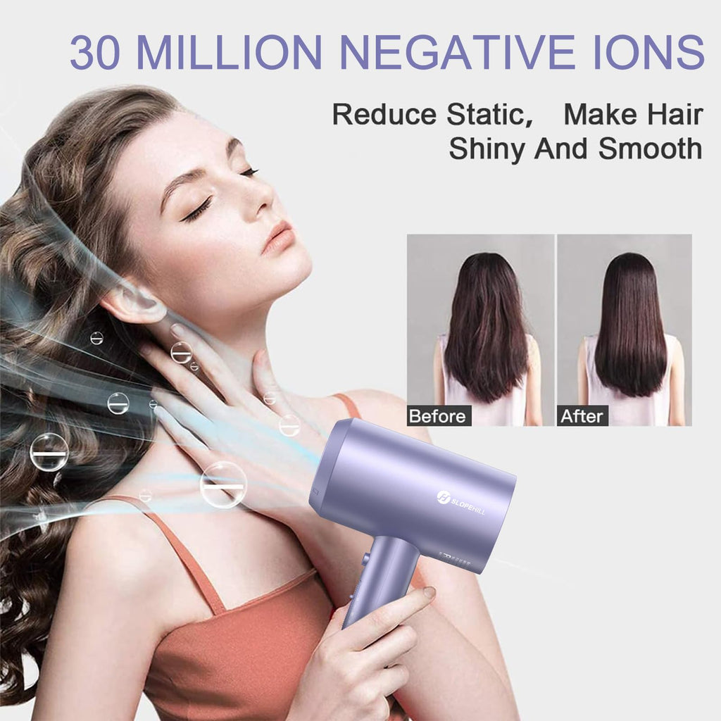 slopehill Professional Ionic Hair Dryer, Powerful 1800W Fast Drying Low Noise Blow Dryer with 2 Concentrator Nozzle 1 Diffuser Attachments for Home Salon Travel
