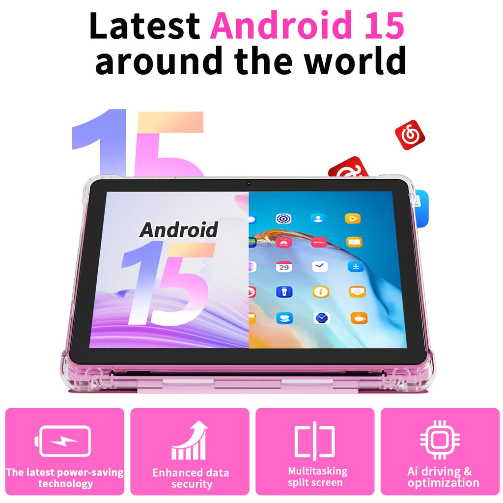 Android 15 Tablet 10 inch Tablets, 20GB RAM 128GB ROM 2TB Expandable, 2.0GHz Quad-core Processor, 2 in 1 Tablet with Keyboard Case Stylus Mouse, 5G WiFi6, BT 5.0, 6000mAh, Widevine L1, GMS, Pink