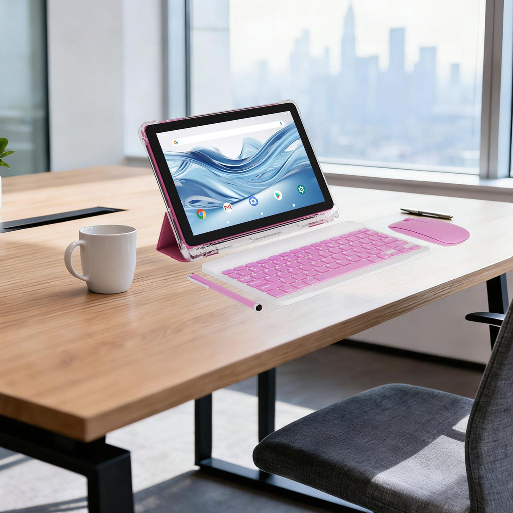 Android 15 Tablet 10 inch Tablets, 20GB RAM 128GB ROM 2TB Expandable, 2.0GHz Quad-core Processor, 2 in 1 Tablet with Keyboard Case Stylus Mouse, 5G WiFi6, BT 5.0, 6000mAh, Widevine L1, GMS, Pink