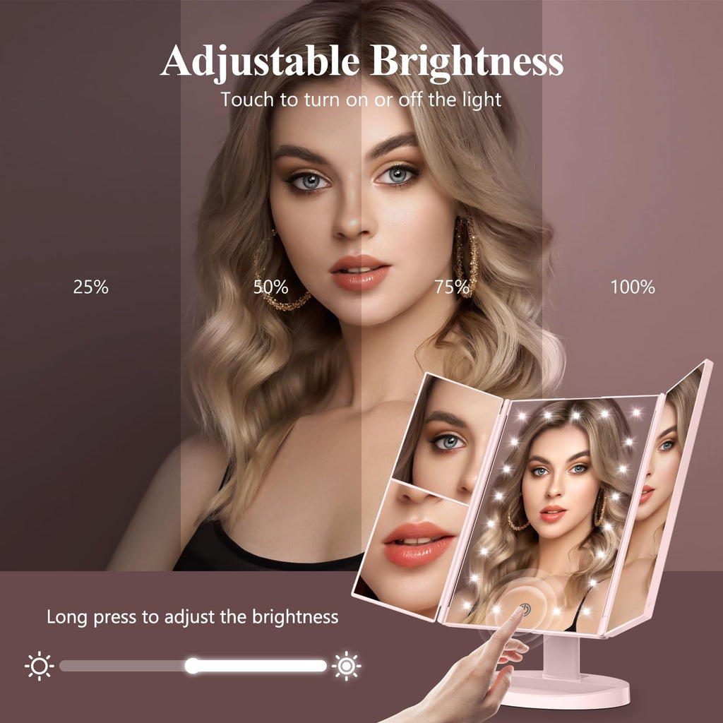 HUONUL Makeup Mirror, Vanity Mirror with Lights, 2X/3X/10X Magnification, Touch Control, Trifold, Dual Power Supply, Birthday Gifts for Women, Wife, Mom, Girls,Dorm Room Essentials