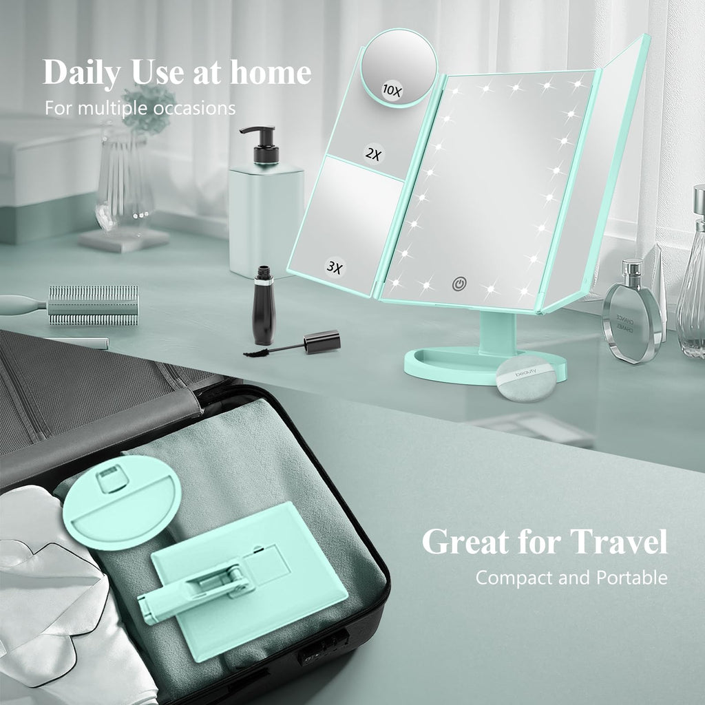 HUONUL Makeup Mirror, Vanity Mirror with Lights, 2X/3X/10X Magnification, Touch Control, Trifold, Dual Power Supply, Birthday Gifts for Women, Wife, Mom, Girls,Dorm Room Essentials