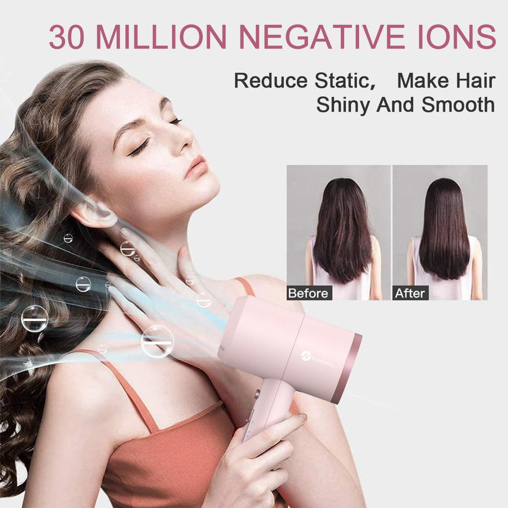 slopehill Professional Ionic Hair Dryer, Powerful 1800W Fast Drying Low Noise Blow Dryer with 2 Concentrator Nozzle 1 Diffuser Attachments for Home Salon Travel