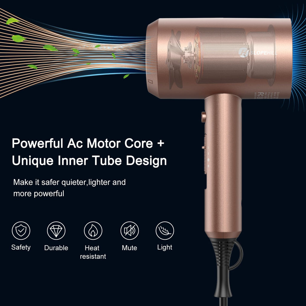 slopehill Professional Ionic Hair Dryer, Powerful 1800W Fast Drying Low Noise Blow Dryer with 2 Concentrator Nozzle 1 Diffuser Attachments for Home Salon Travel