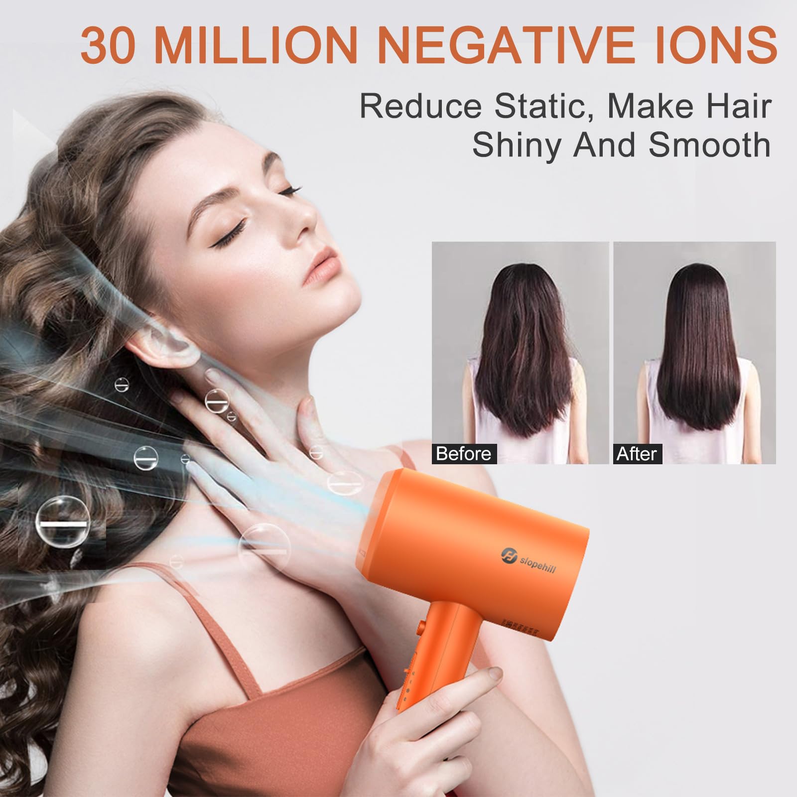 slopehill Professional Ionic Hair Dryer, Powerful 1800W Fast Drying Low Noise Blow Dryer with 2 Concentrator Nozzle 1 Diffuser Attachments for Home Salon Travel