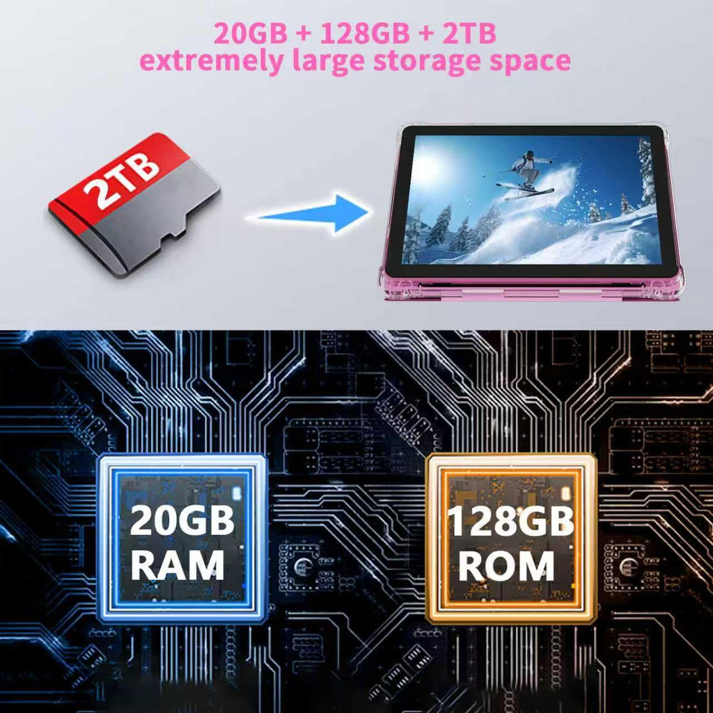 Android 15 Tablet 10 inch Tablets, 20GB RAM 128GB ROM 2TB Expandable, 2.0GHz Quad-core Processor, 2 in 1 Tablet with Keyboard Case Stylus Mouse, 5G WiFi6, BT 5.0, 6000mAh, Widevine L1, GMS, Pink
