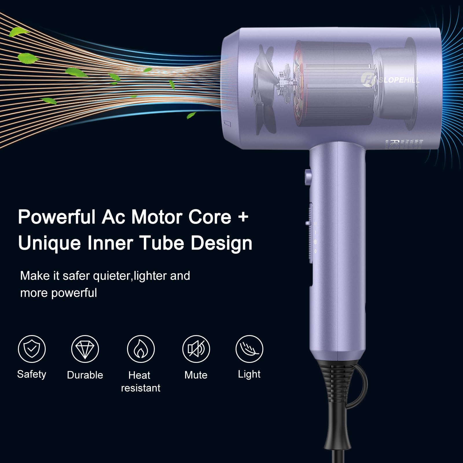 slopehill Professional Ionic Hair Dryer, Powerful 1800W Fast Drying Low Noise Blow Dryer with 2 Concentrator Nozzle 1 Diffuser Attachments for Home Salon Travel