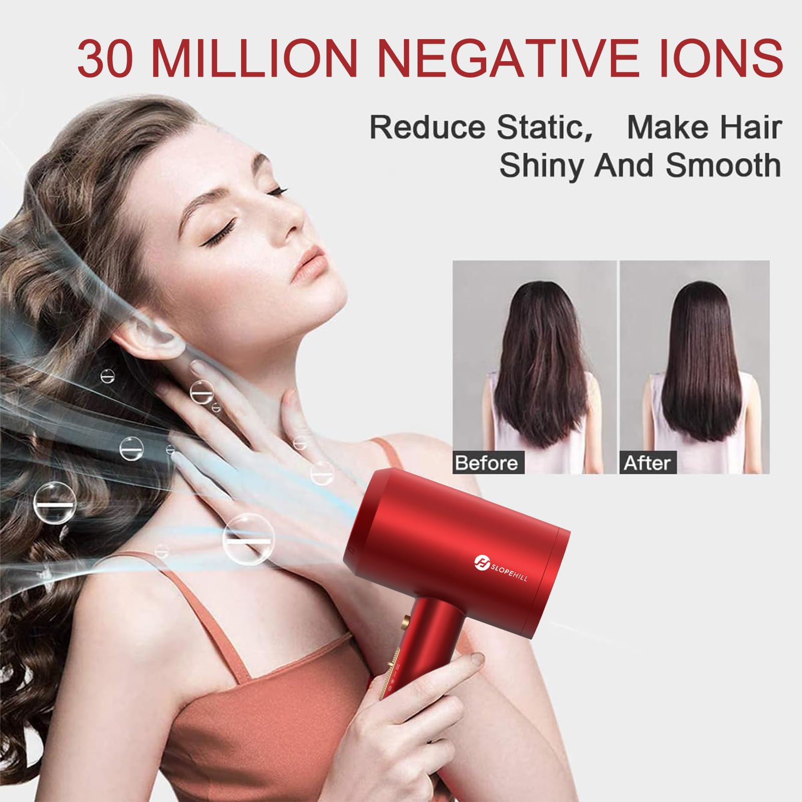 slopehill Professional Ionic Hair Dryer, Powerful 1800W Fast Drying Low Noise Blow Dryer with 2 Concentrator Nozzle 1 Diffuser Attachments for Home Salon Travel