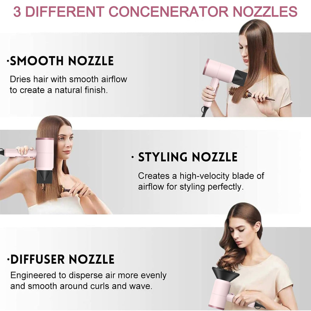 slopehill Professional Ionic Hair Dryer, Powerful 1800W Fast Drying Low Noise Blow Dryer with 2 Concentrator Nozzle 1 Diffuser Attachments for Home Salon Travel