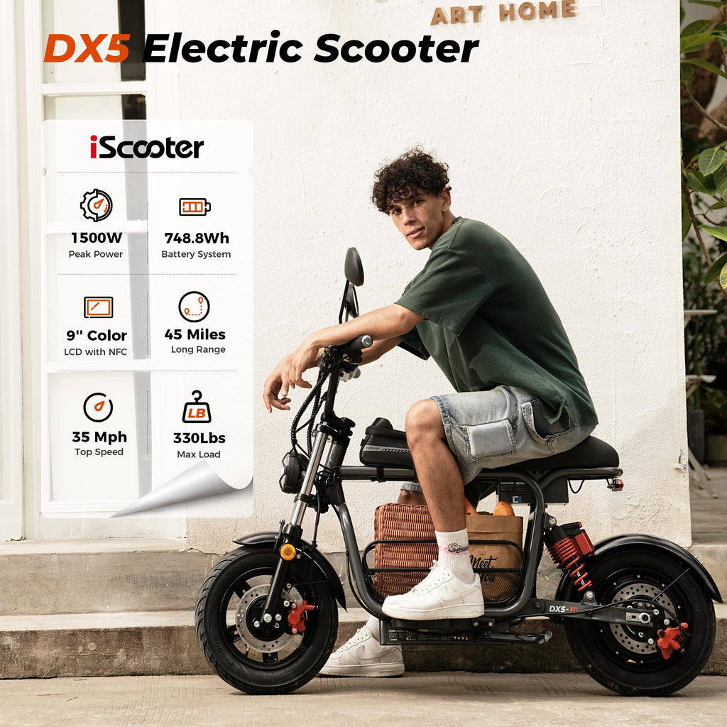 iScooter Adults Electric Scooter with Seat, 1500W Motor, 45 Miles Long Range, 35MPH Top Speed,15"3.0" Vacuum Pneumatic Tires, hydraulic Disc Brake,Dual Suspension, Commuter Escooter with Basket & Bag