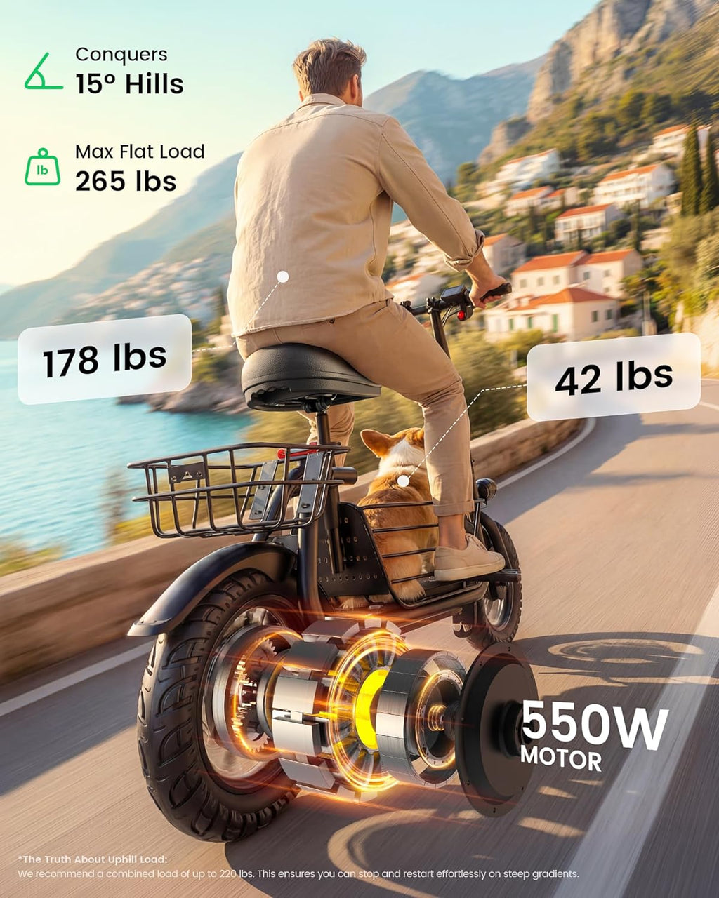 Gyroor C1S Electric Scooter with Seat for Adults - 550W Motor, Pet Basket, 19 MPH Top Speed, 20 Miles Range, 12" Pneumatic Tires, Foldable Commuting Scooter, Black