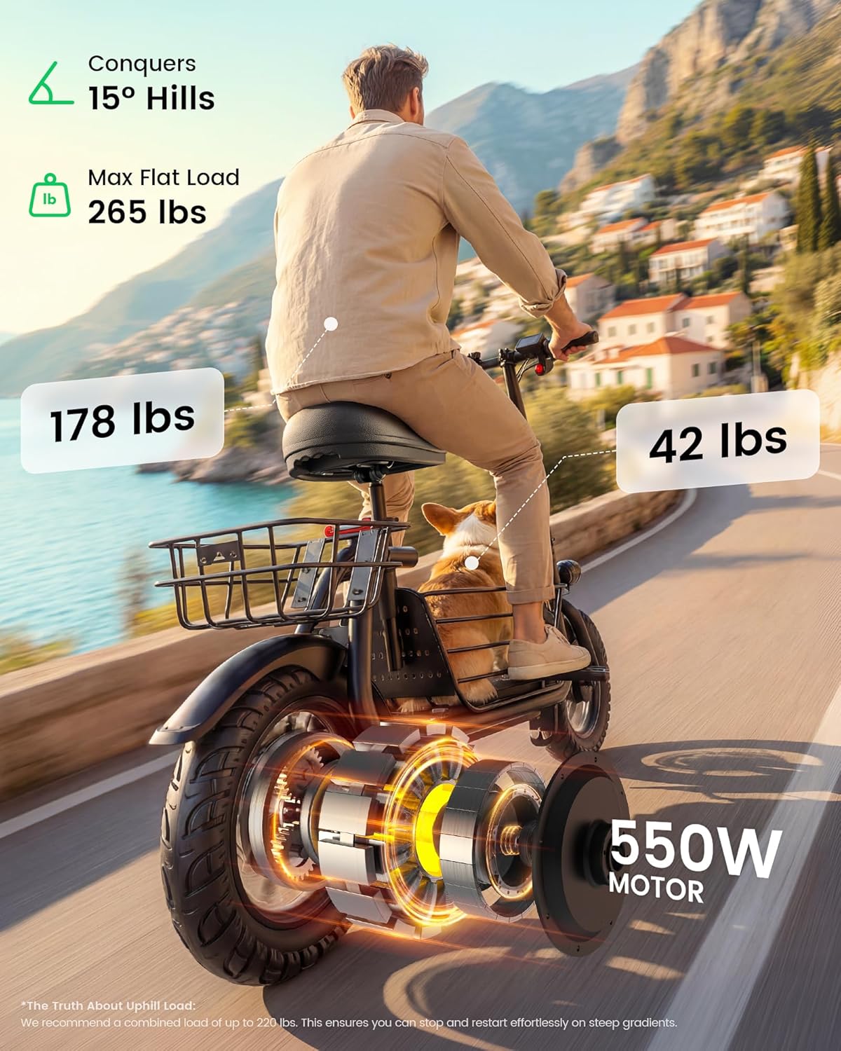 Gyroor C1S Electric Scooter with Seat for Adults - 550W Motor, Pet Basket, 19 MPH Top Speed, 20 Miles Range, 12" Pneumatic Tires, Foldable Commuting Scooter, Black
