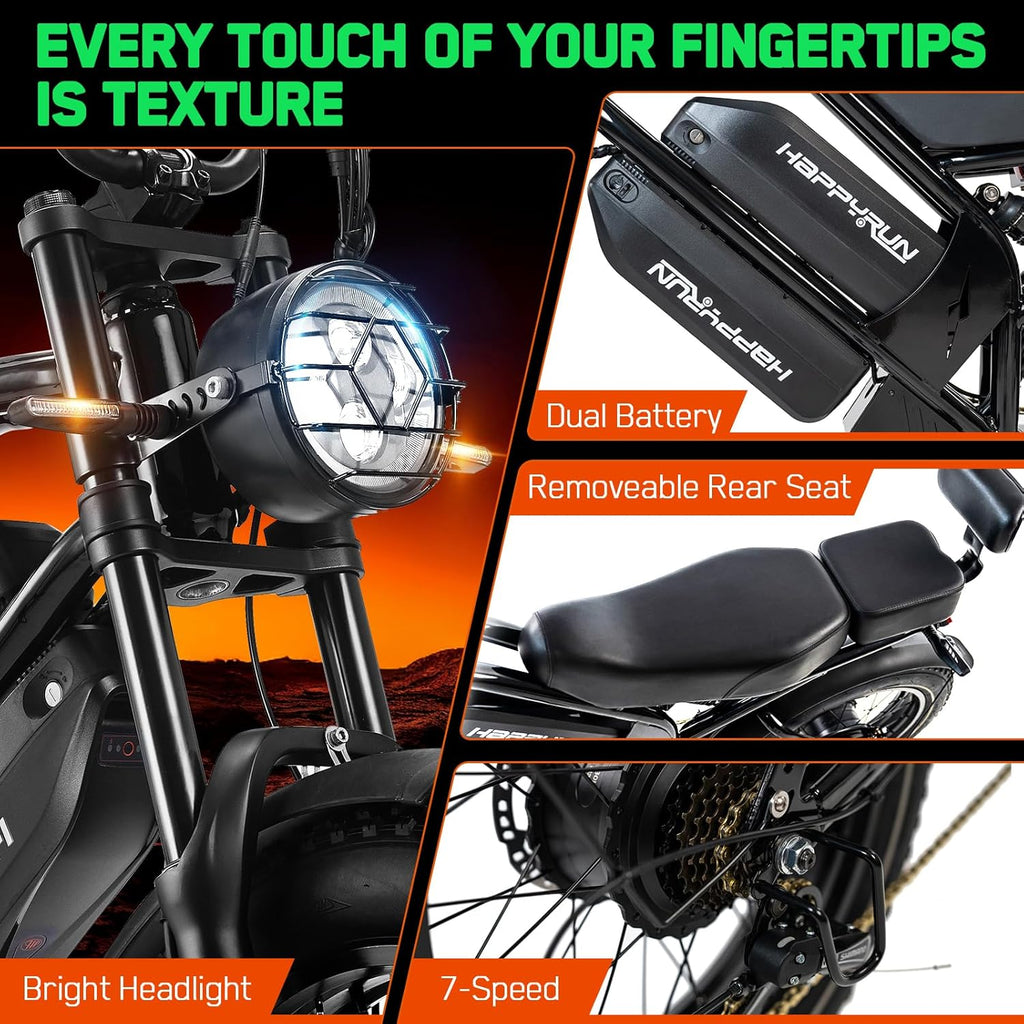 HAPPYRUN G70 Pro Adult Electric Bike: 5000W Dual Motor Peak | 36MPH High-Speed Off-Road | 20" Fat Tire 38Ah Long-Range Removable Battery | 85+ Miles All-Terrain Commuting/Off-Road e Bike