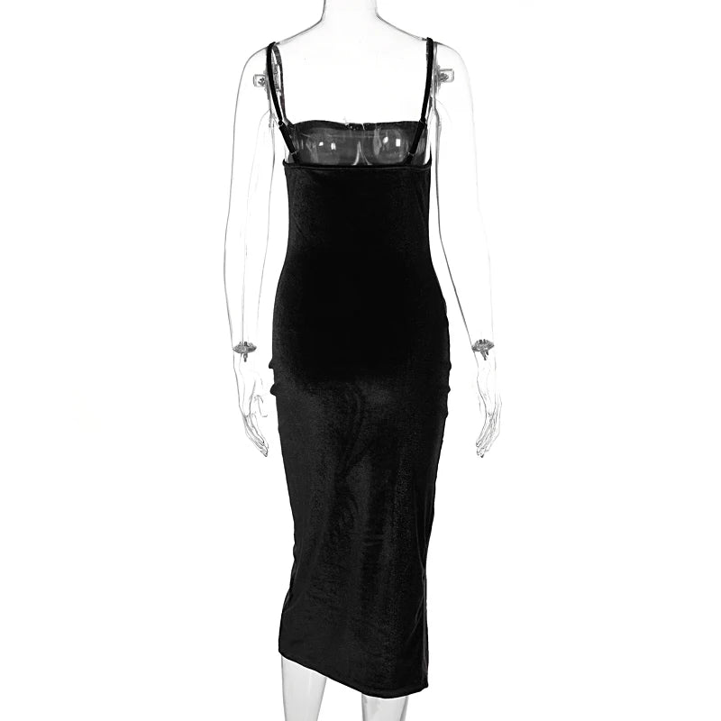 Hugcitar Velvet Swing Collar Sleeveless Slip Sexy Slit Maxi Dress 2025 New Fashion Evening Party Women Elegant Streetwear Y2K