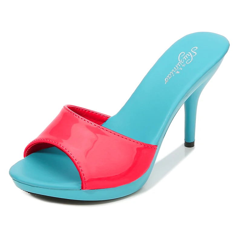 2024 New Summer Slippers Women Mixed Colors Fine Heel 9cm 13cm Outside Slipper Sandal Platform Sexy Slipper Women Shoes Slides