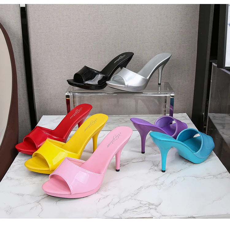 2024 New Summer Slippers Women Mixed Colors Fine Heel 9cm 13cm Outside Slipper Sandal Platform Sexy Slipper Women Shoes Slides