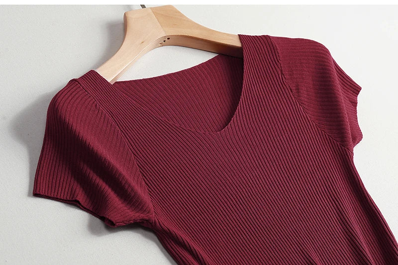 Pullover knitted Short Sleeve knitted Sweater Women Spring Summer Slim Basic Solid Casual Base Female knitting shirts 2024 Korea