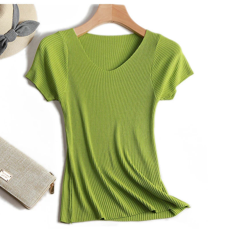 Pullover knitted Short Sleeve knitted Sweater Women Spring Summer Slim Basic Solid Casual Base Female knitting shirts 2024 Korea