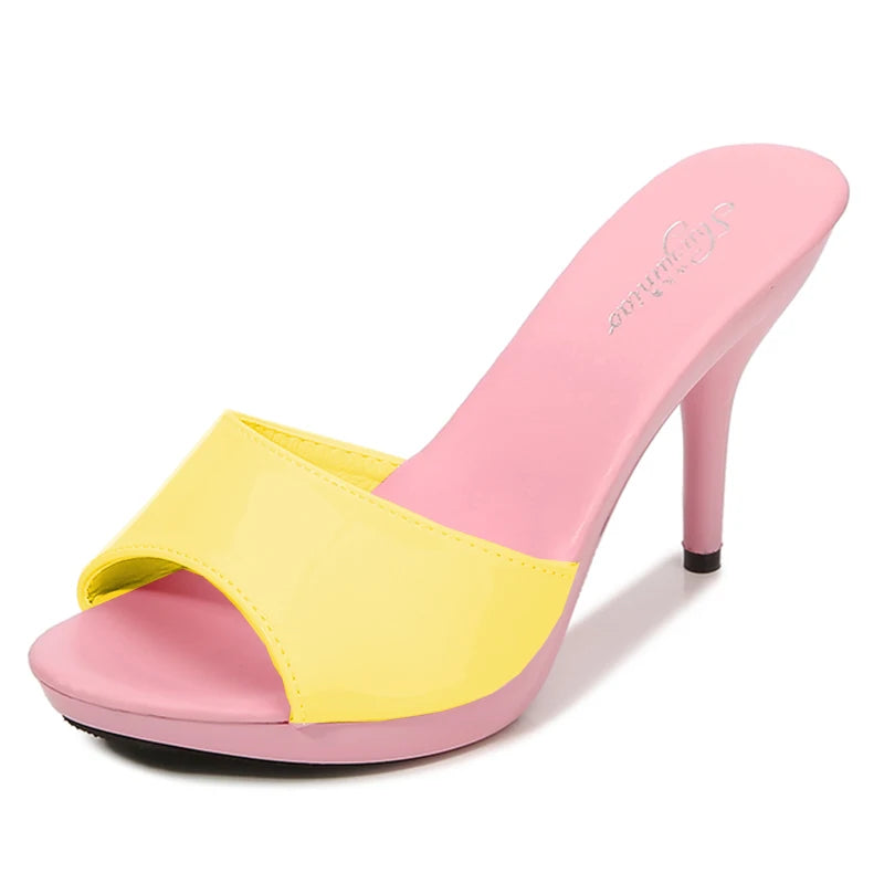 2024 New Summer Slippers Women Mixed Colors Fine Heel 9cm 13cm Outside Slipper Sandal Platform Sexy Slipper Women Shoes Slides