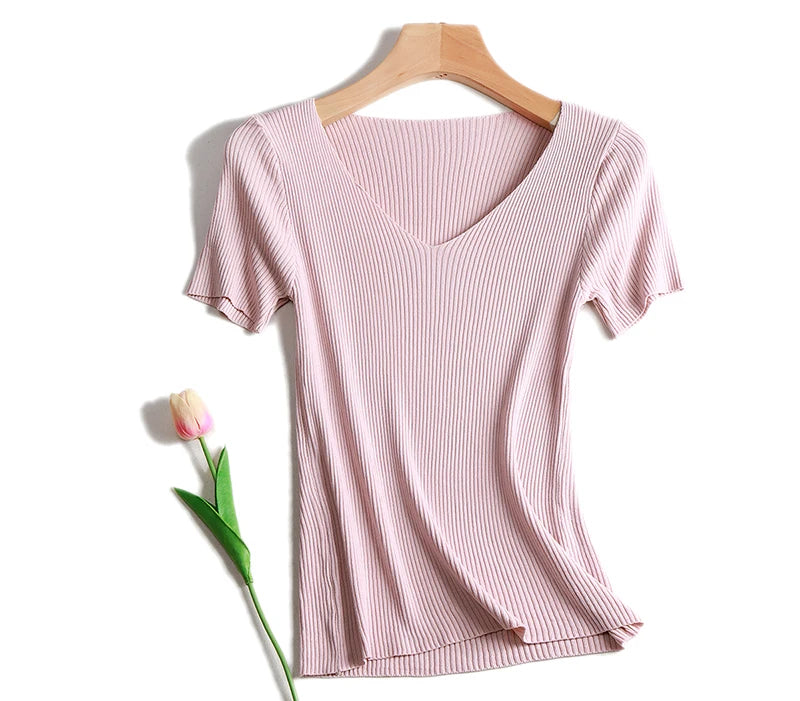 Pullover knitted Short Sleeve knitted Sweater Women Spring Summer Slim Basic Solid Casual Base Female knitting shirts 2024 Korea