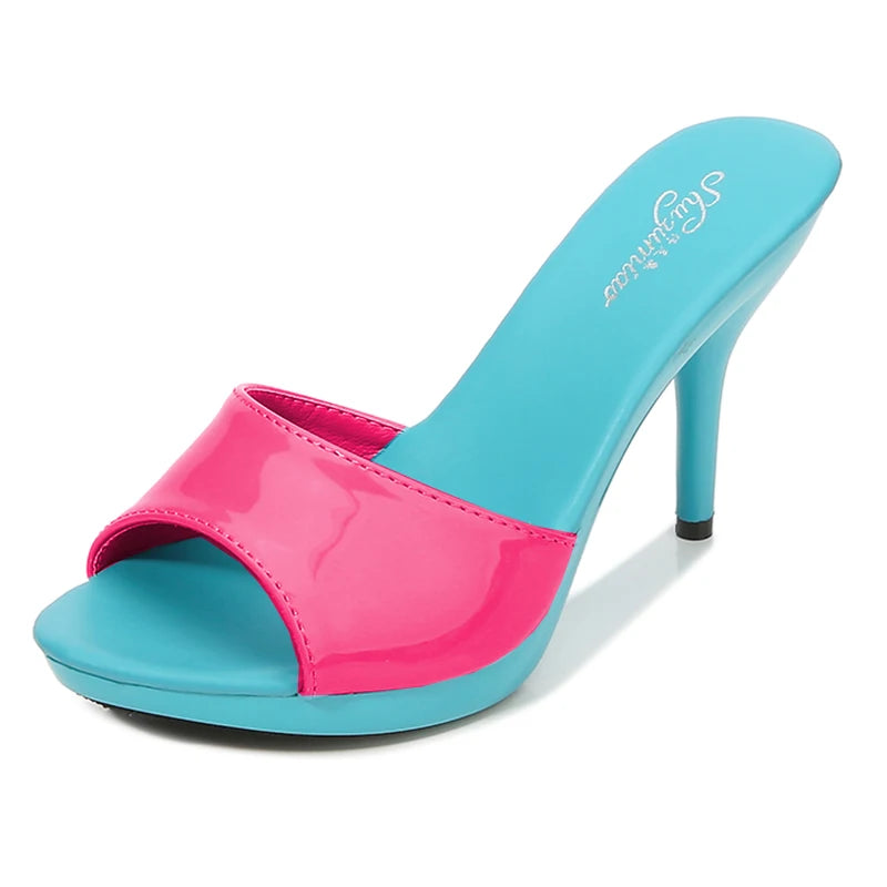2024 New Summer Slippers Women Mixed Colors Fine Heel 9cm 13cm Outside Slipper Sandal Platform Sexy Slipper Women Shoes Slides