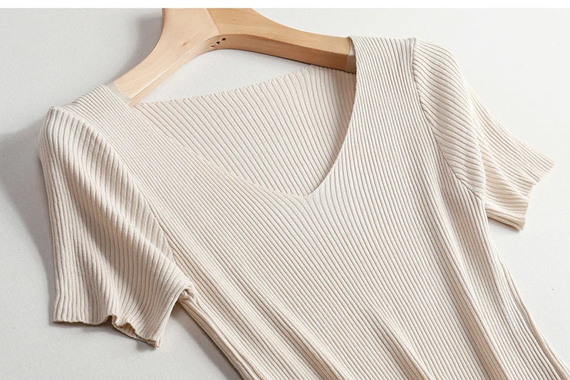 Pullover knitted Short Sleeve knitted Sweater Women Spring Summer Slim Basic Solid Casual Base Female knitting shirts 2024 Korea