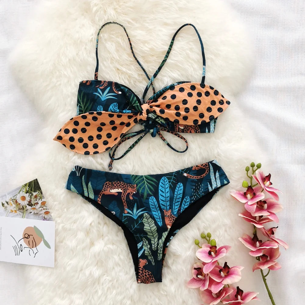 Sexy Print Brazilian Bikini Strappy Two Pieces Bikini Set Women Swimwear Low Wiast Dots Swimsuit Bikinis 2023 conjunto femenino