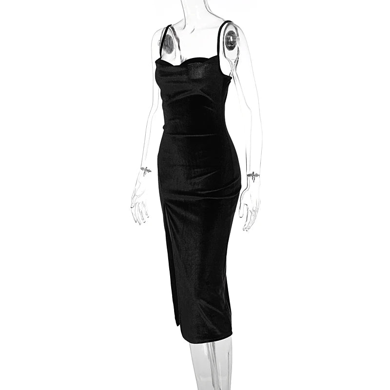 Hugcitar Velvet Swing Collar Sleeveless Slip Sexy Slit Maxi Dress 2025 New Fashion Evening Party Women Elegant Streetwear Y2K