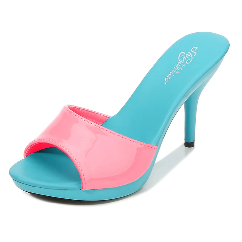 2024 New Summer Slippers Women Mixed Colors Fine Heel 9cm 13cm Outside Slipper Sandal Platform Sexy Slipper Women Shoes Slides