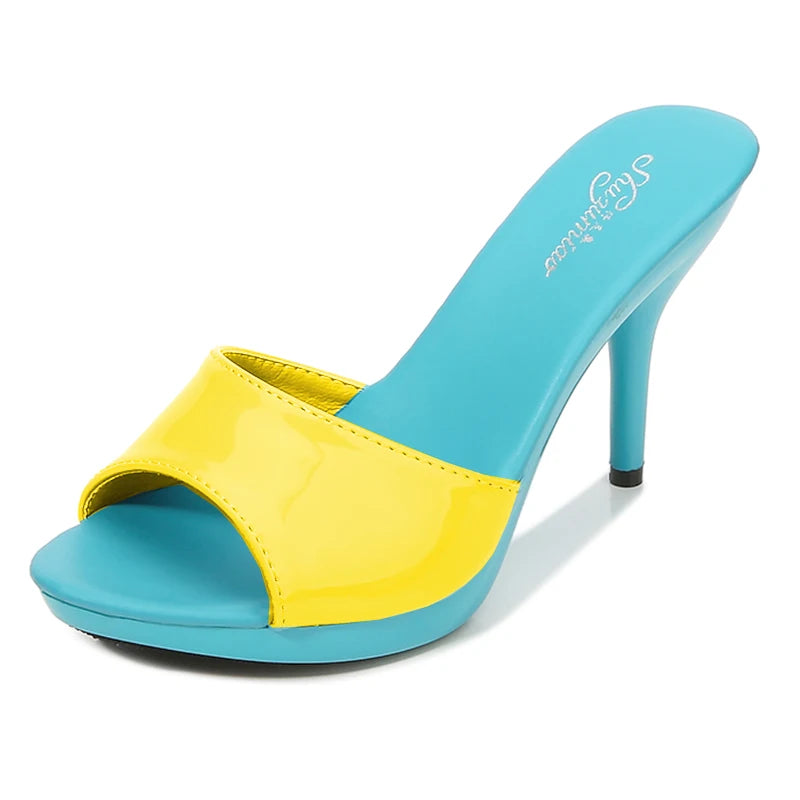 2024 New Summer Slippers Women Mixed Colors Fine Heel 9cm 13cm Outside Slipper Sandal Platform Sexy Slipper Women Shoes Slides