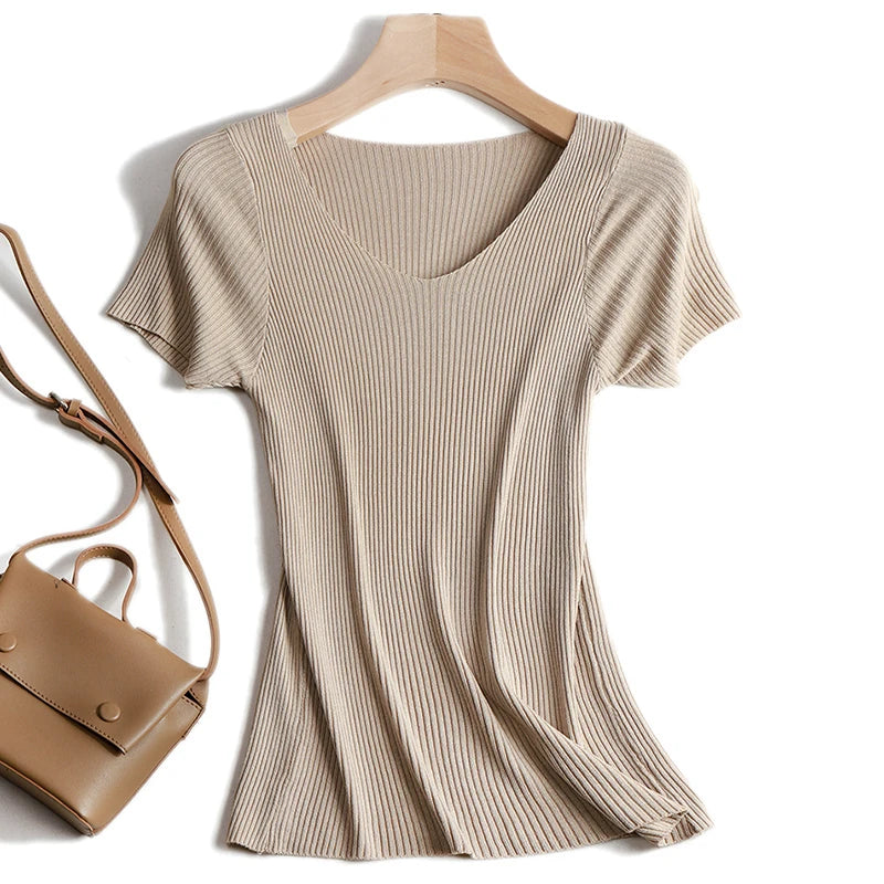 Pullover knitted Short Sleeve knitted Sweater Women Spring Summer Slim Basic Solid Casual Base Female knitting shirts 2024 Korea