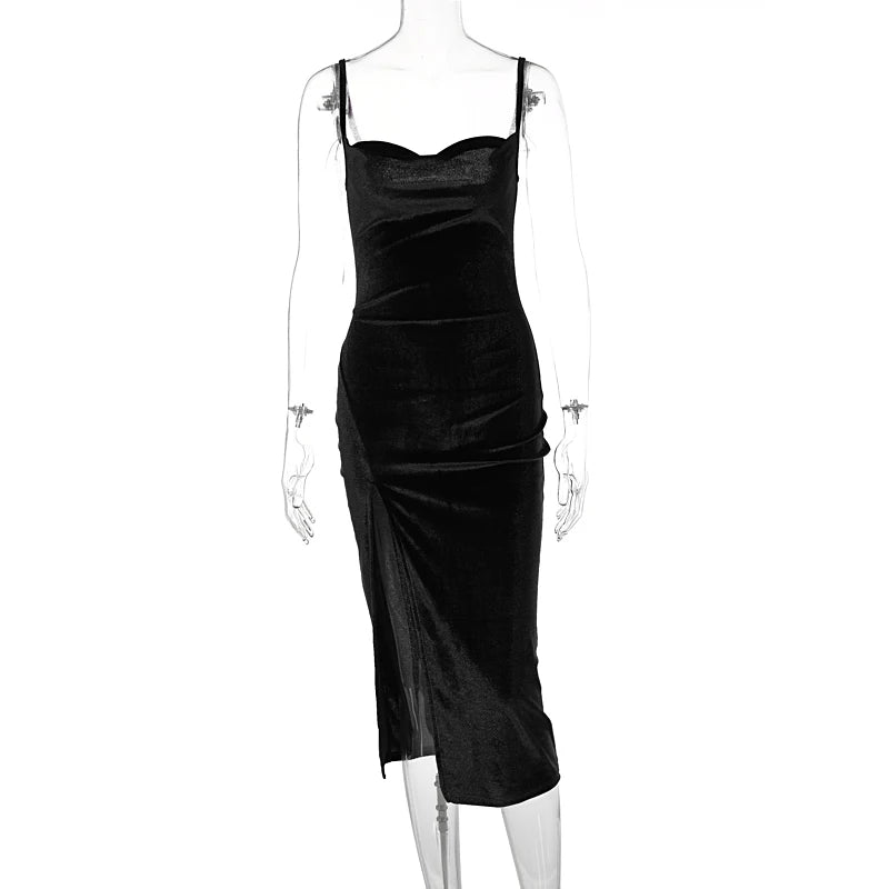 Hugcitar Velvet Swing Collar Sleeveless Slip Sexy Slit Maxi Dress 2025 New Fashion Evening Party Women Elegant Streetwear Y2K
