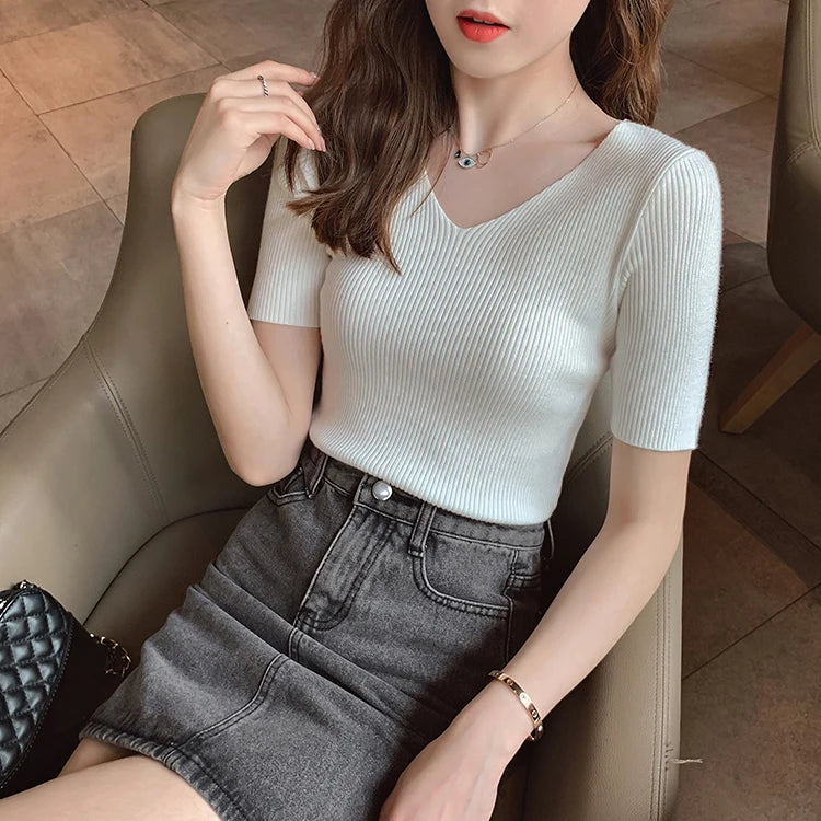 Pullover knitted Short Sleeve knitted Sweater Women Spring Summer Slim Basic Solid Casual Base Female knitting shirts 2024 Korea